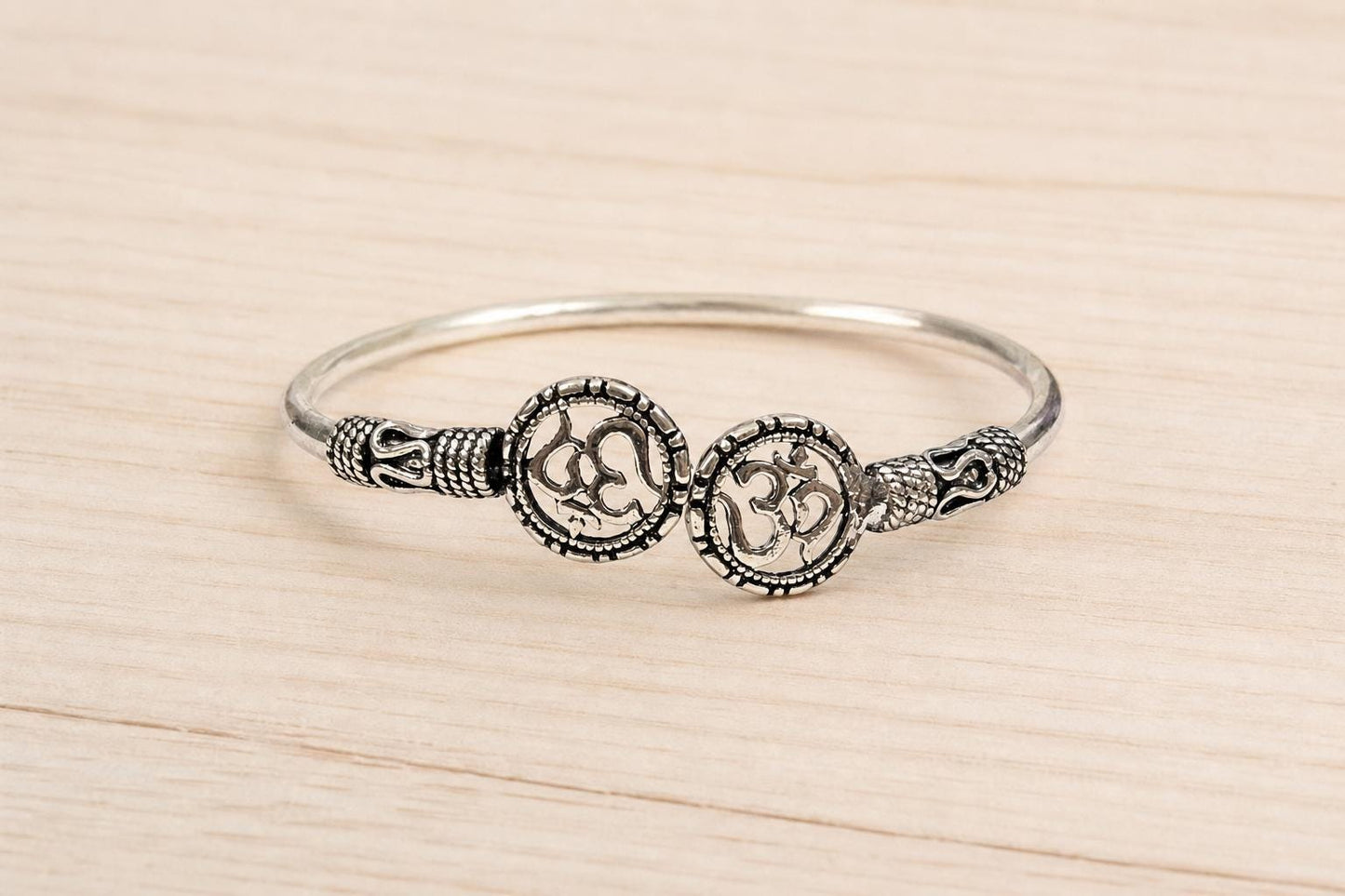 925 Sterling Silver Om Bangle Oxidized Vintage Spiritual Adjustable Om Kada Cuff Bracelet Hindu Indian Yoga Jewelry Gift for Her Women