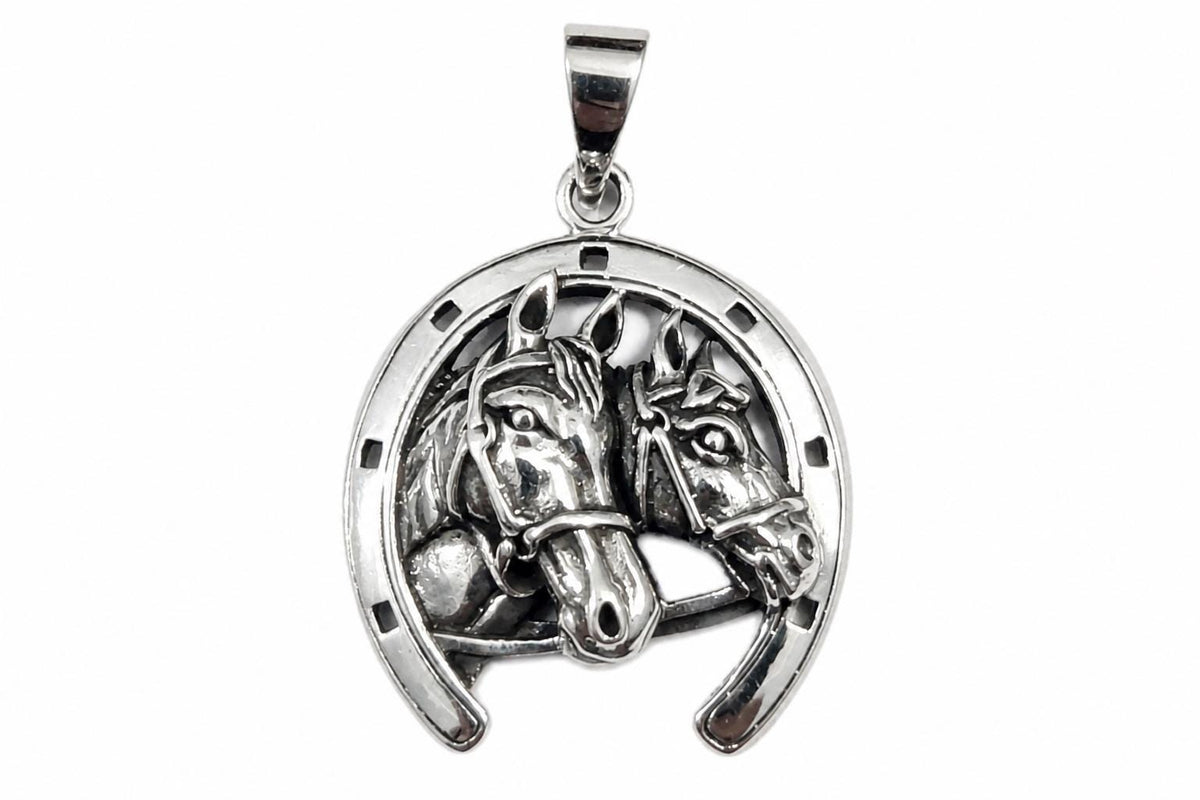 925 Sterling Silver Horseshoe Pendant Oxidized Double Horse Head Charm Equestrian Western Jewelry Lucky Horseshoe Gift for Her