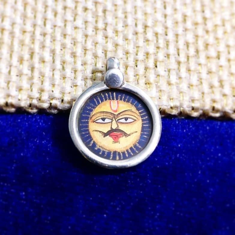 925 Sterling Silver Surya Sun God Pendant Necklace, Handpainted Glass Framed Spiritual Jewelry, Divine Energy Amulet