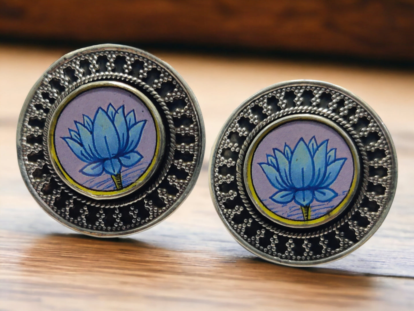 925 Sterling Silver Lotus Earrings, Handpainted Antique Flower, Spiritual Yoga Jewelry