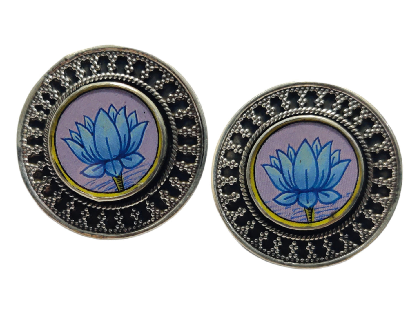 925 Sterling Silver Lotus Earrings, Handpainted Antique Flower, Spiritual Yoga Jewelry