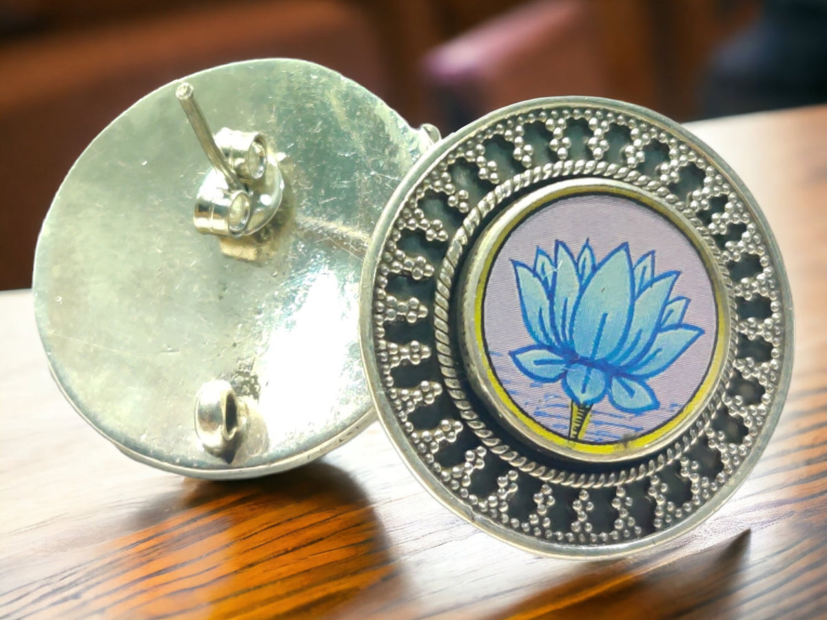 925 Sterling Silver Lotus Earrings, Handpainted Antique Flower, Spiritual Yoga Jewelry