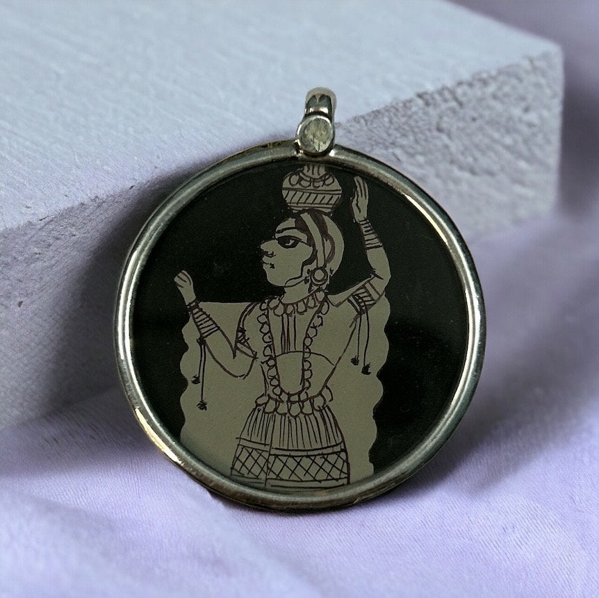 925 Sterling Silver Hand-Painted Indian Lady Pendant Necklace, Glass Framed Ethnic Jewelry