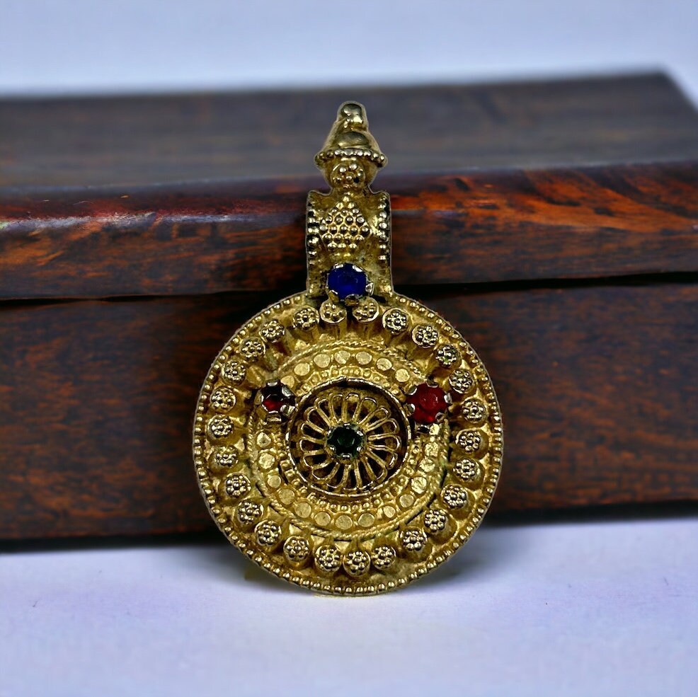 Vintage High Grade Old Silver Rajasthani Amulet Pendant with Glass Stones, Tribal Jewelry