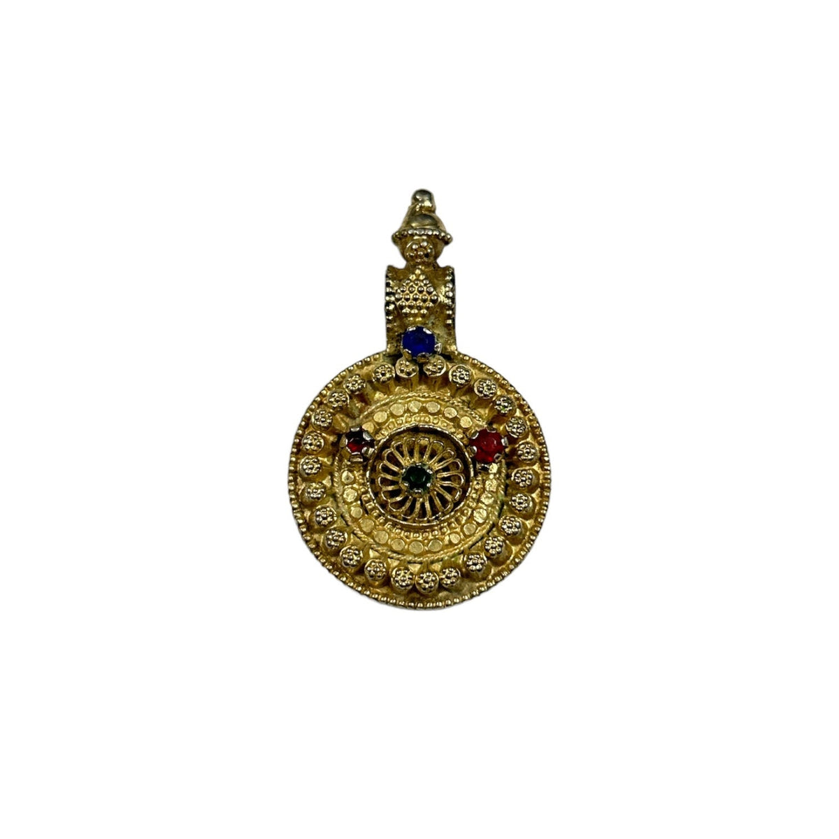 Vintage High Grade Old Silver Rajasthani Amulet Pendant with Glass Stones, Tribal Jewelry