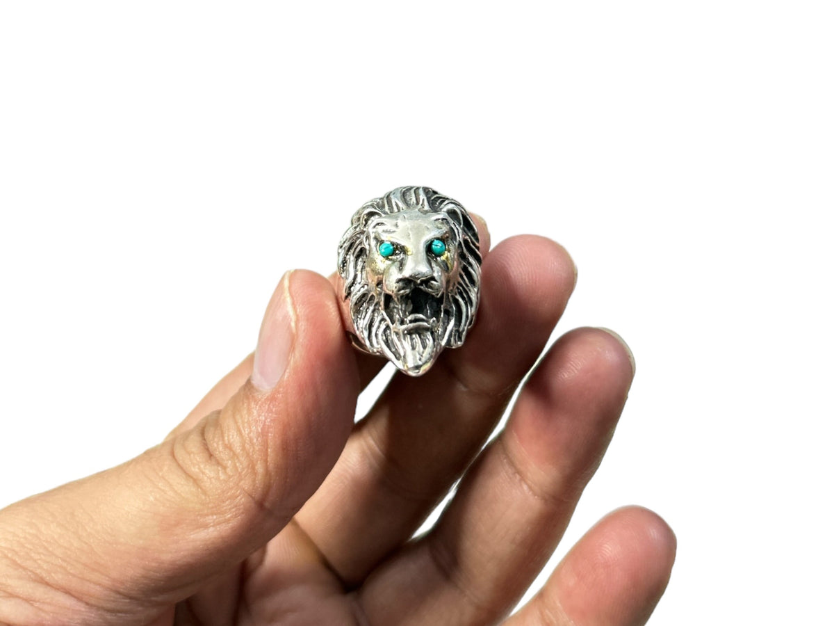 925 Sterling Silver Lion Ring US Size 8, Turquoise Eyes Bold Mens Statement Ring