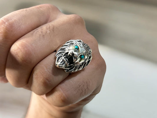 925 Sterling Silver Lion Ring • Turquoise Eye Detail • Bold Men's Statement Jewelry • King Lion Animal Ring • US Size 8 • Gift for Him