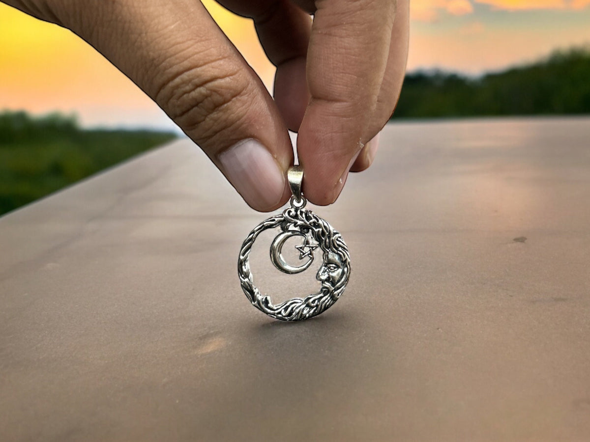 925 Sterling Silver Crescent Moon & Star Pendant Necklace, Handmade Celestial Jewelry, Lunar Nature Charm Gift for Her/His