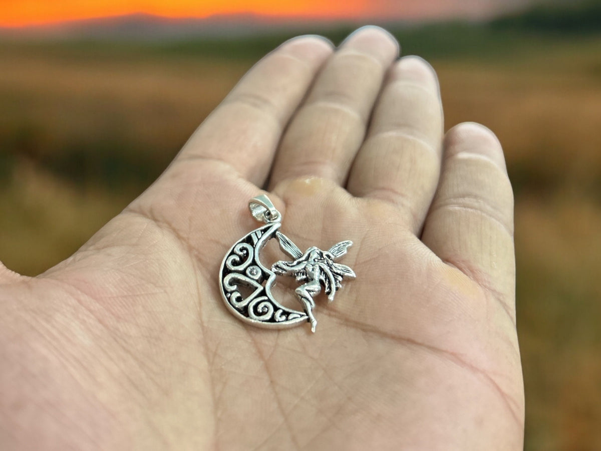 925 Sterling Silver Fairy on Crescent Moon Pendant Necklace, Handmade Celestial Jewelry, Magical Gift Charm