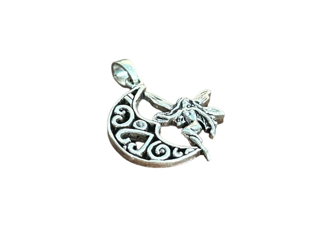 925 Sterling Silver Fairy on Crescent Moon Pendant Necklace, Handmade Celestial Jewelry, Magical Gift Charm