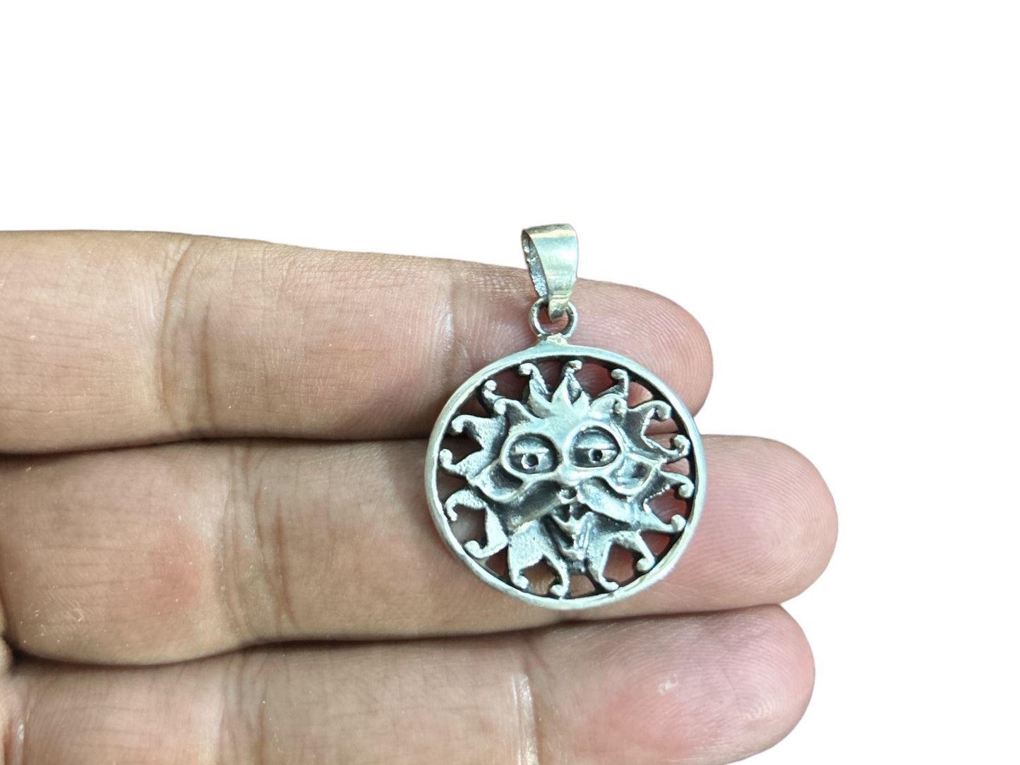 Handmade 925 Sterling Silver Sun Face Pendant Necklace