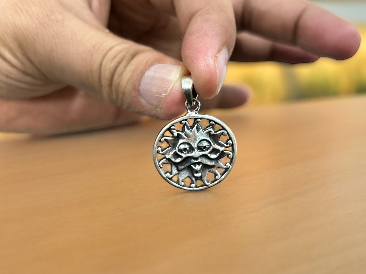 Handmade 925 Sterling Silver Sun Face Pendant Necklace