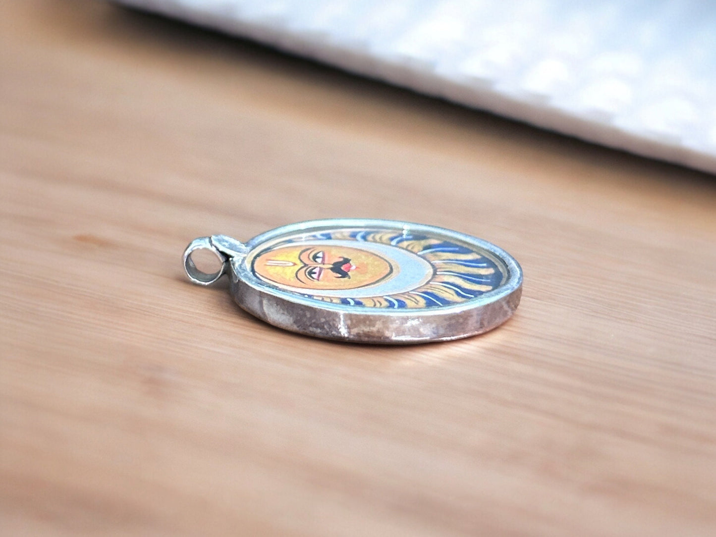 925 Sterling Silver Sun/Surya Pendant Necklace, Hand-Painted Glass Framed Solar Art Jewelry, Celestial Sun Charm Gift