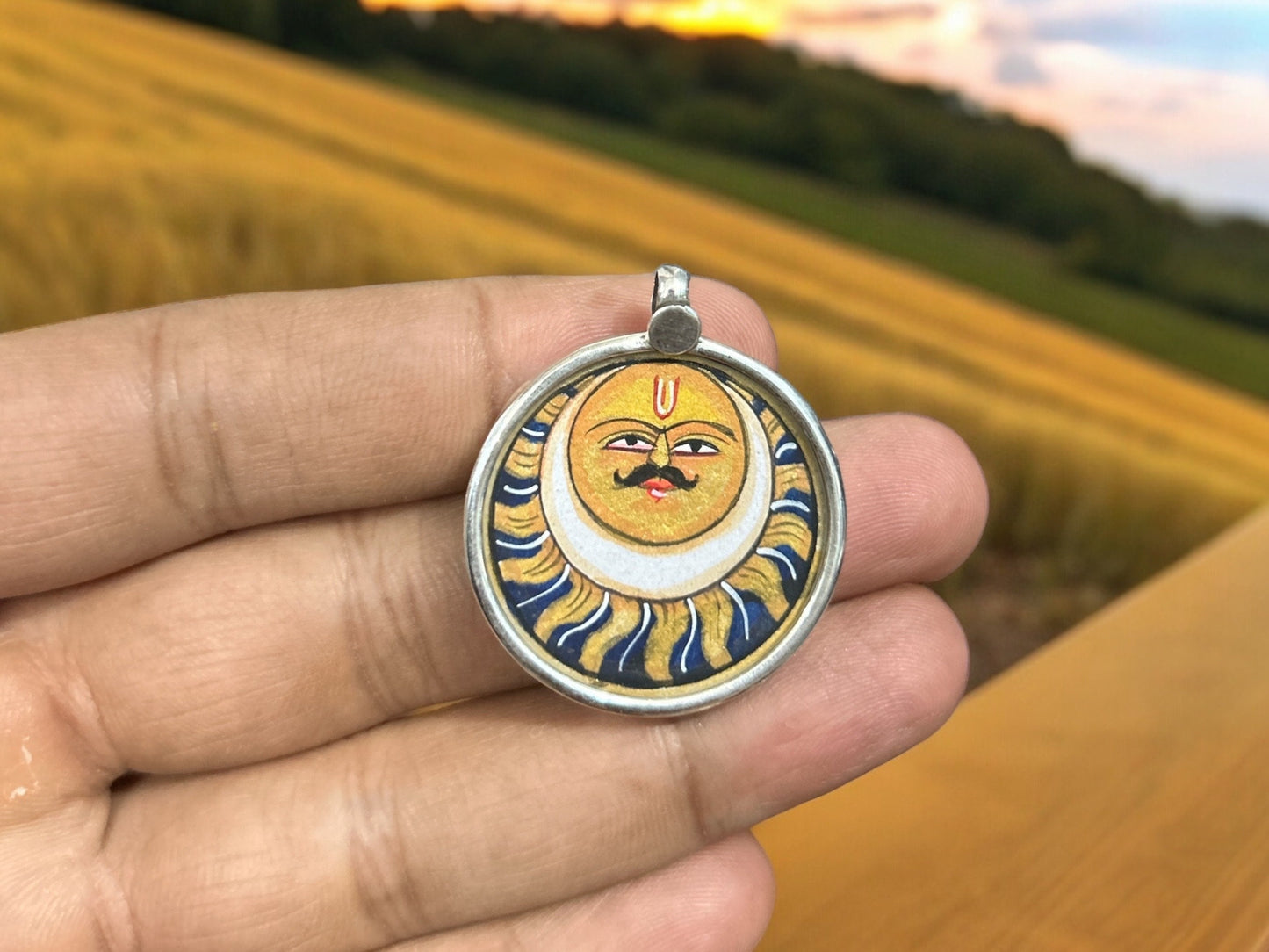 925 Sterling Silver Sun/Surya Pendant Necklace, Hand-Painted Glass Framed Solar Art Jewelry, Celestial Sun Charm Gift