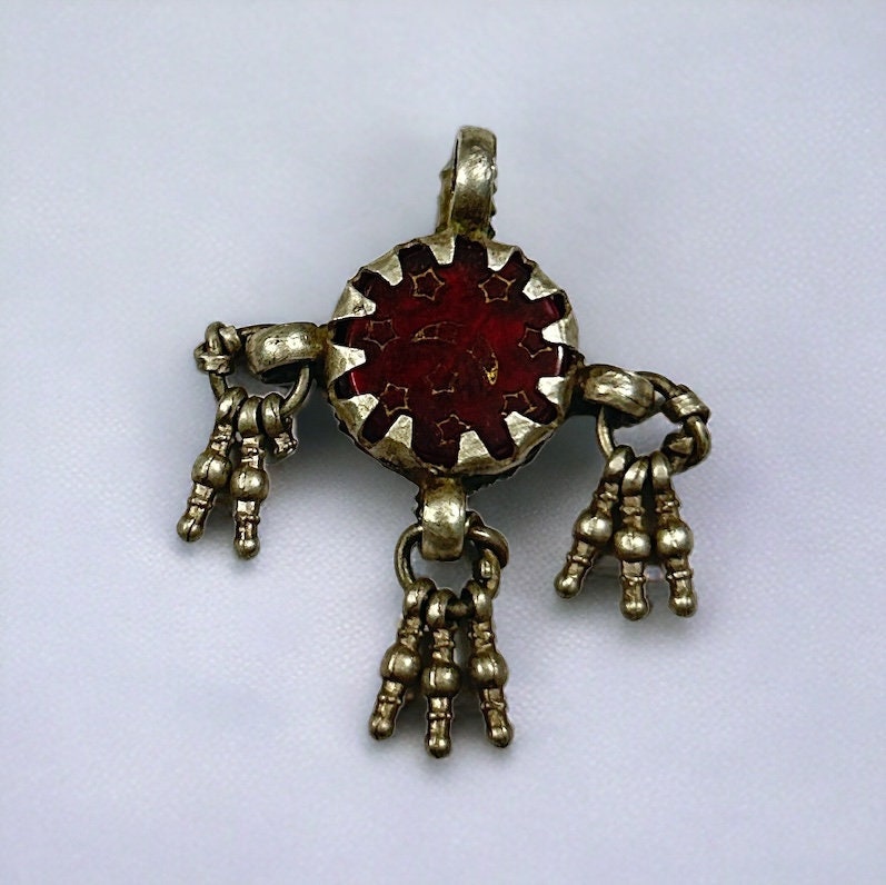 Vintage Tribal Old High Grade Silver Pendant with Glass Stones, Handmade Jewelry