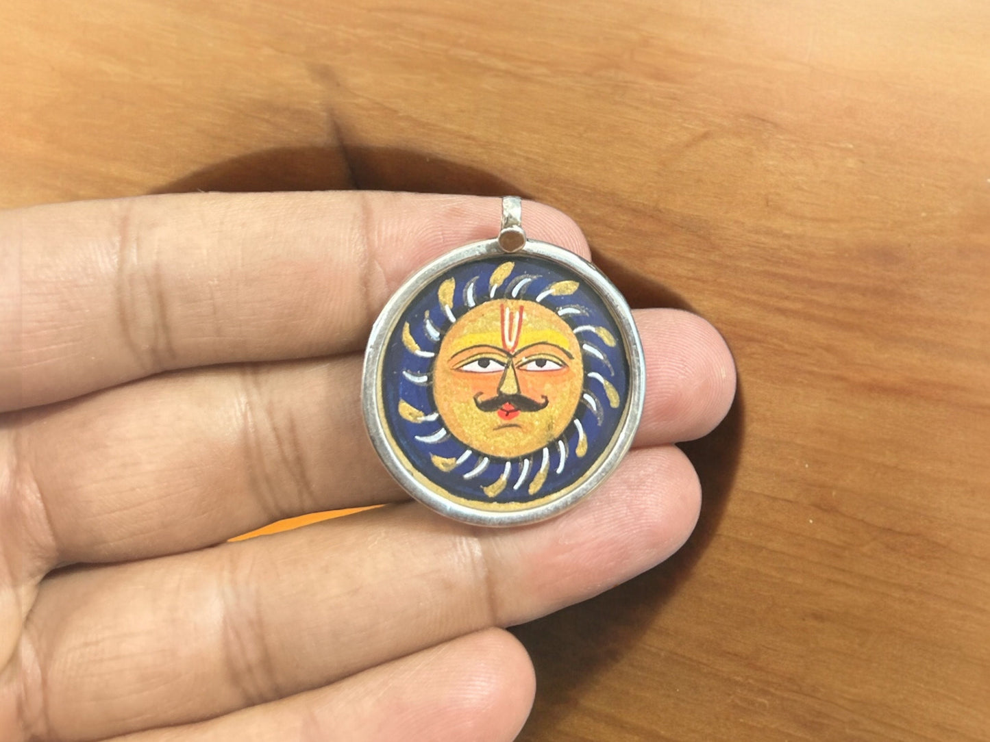 925 Sterling Silver Sun/Surya Pendant Necklace, Hand-Painted Glass Art Jewelry, Solar Spiritual Charm Gift