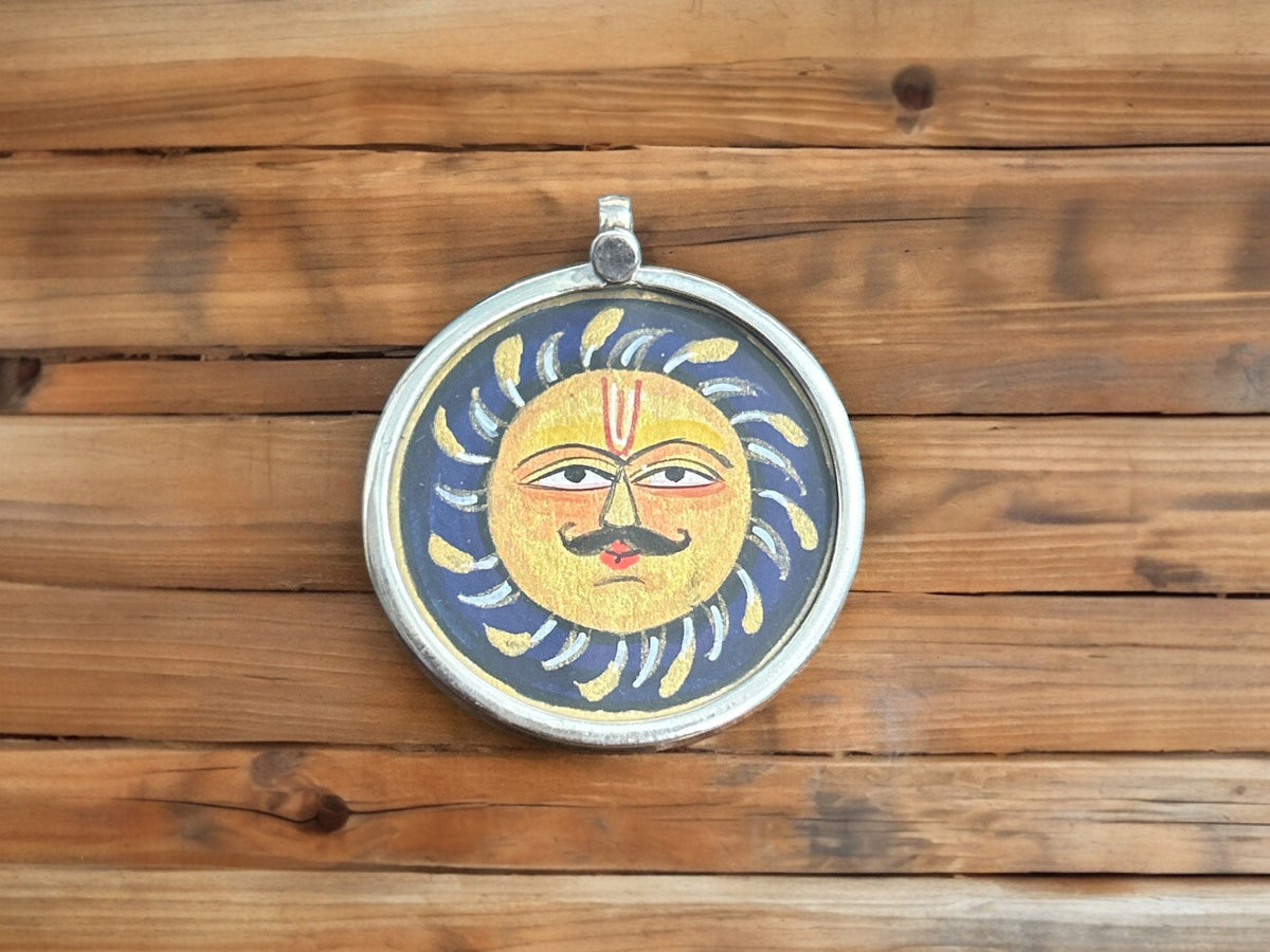 925 Sterling Silver Sun/Surya Pendant Necklace, Hand-Painted Glass Art Jewelry, Solar Spiritual Charm Gift