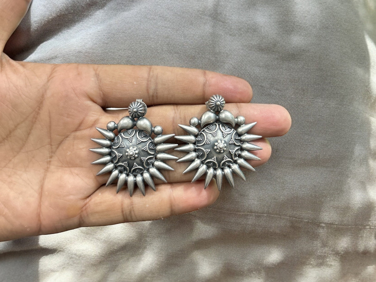 Sun Stud Earrings, Solid 925 Sterling Silver, Vintage Oxidized Style, Push Back Closure