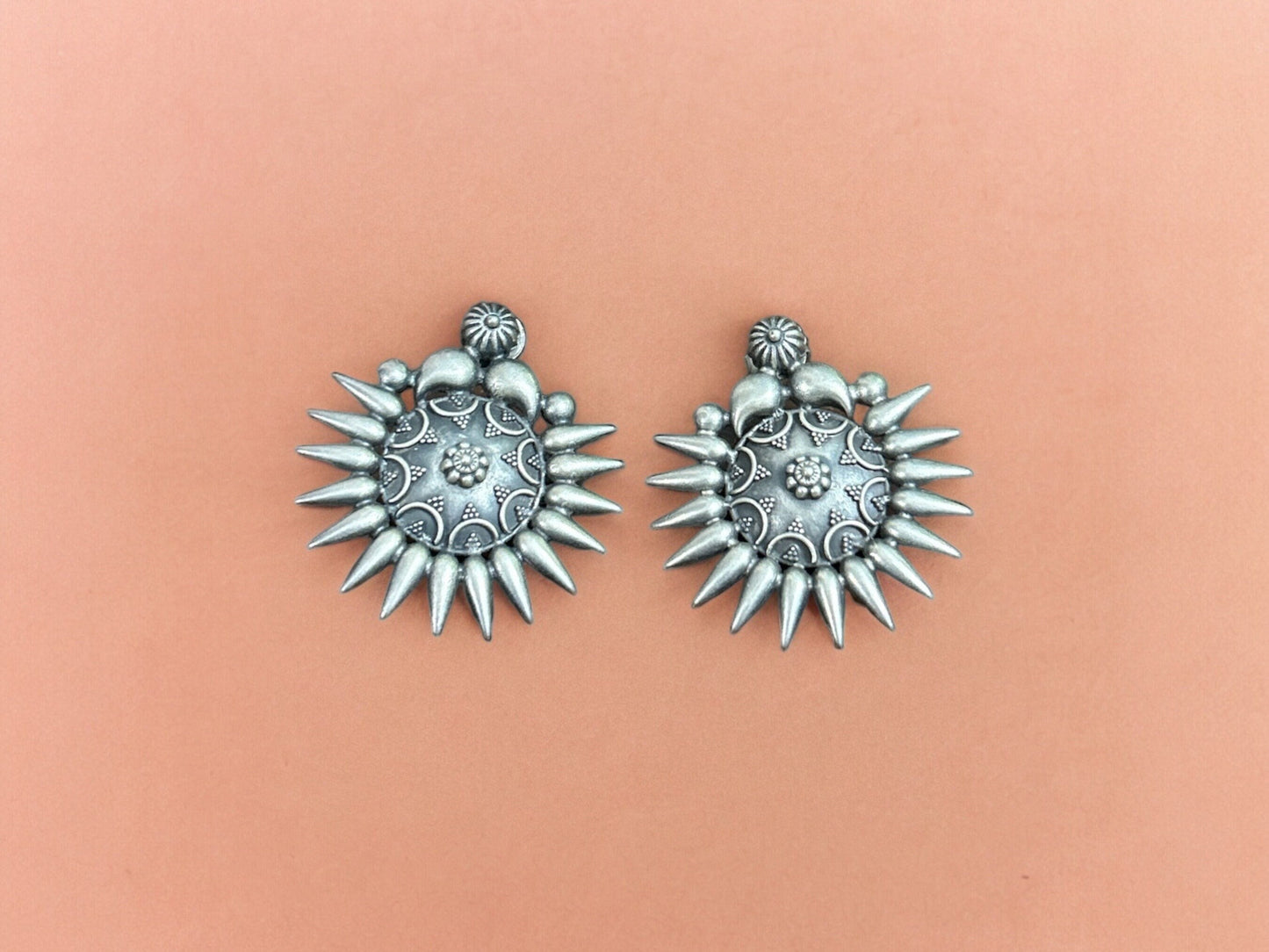 Sun Stud Earrings, Solid 925 Sterling Silver, Vintage Oxidized Style, Push Back Closure