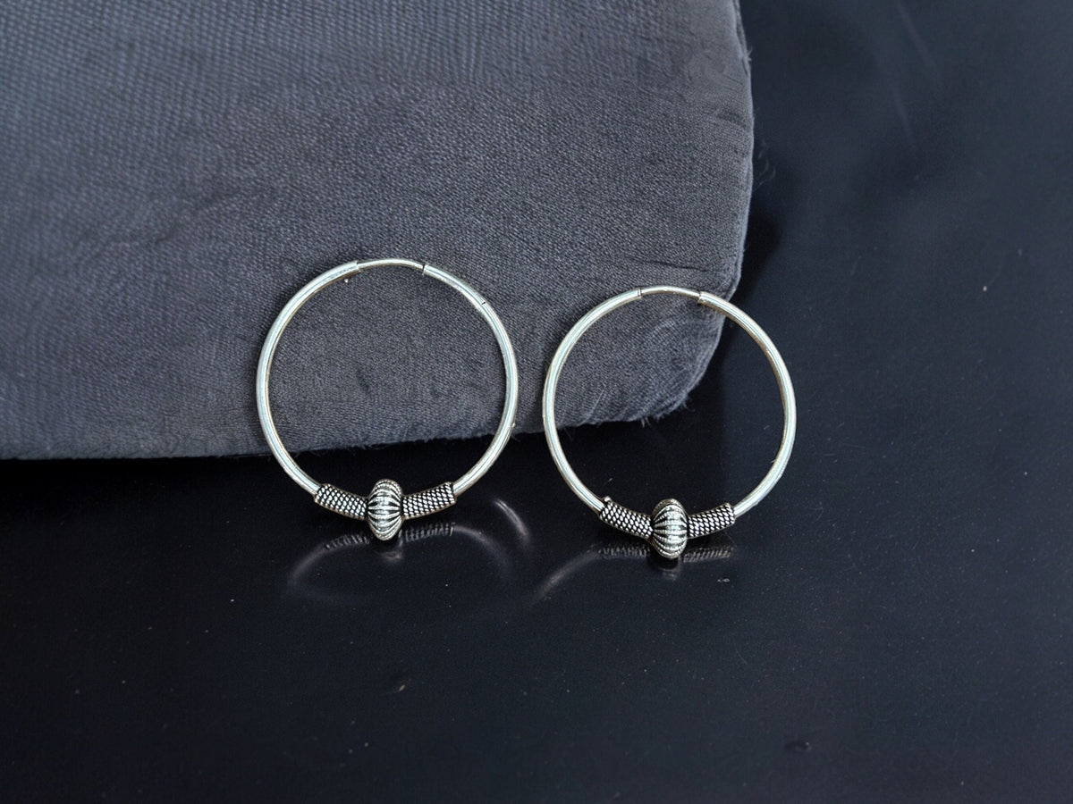 Sterling Silver 925 Bali Hoop Earrings, Indian Big Size Bali Hoop Earrings, Large Silver Hoop Earrings, Handmade Hammered Oxidized Silver
