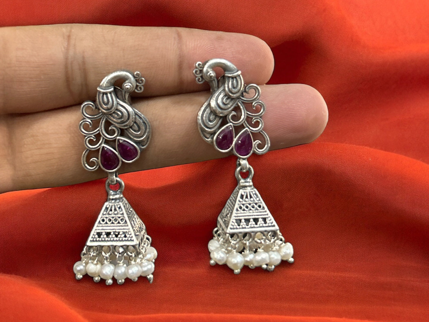 Beautiful Peacock Design Jhumka Earring, 925 Solid Sterling Jhumki, Jhumka Set, Indian Pure Silver Jhumki Earring, Gift for her, Rajasthan