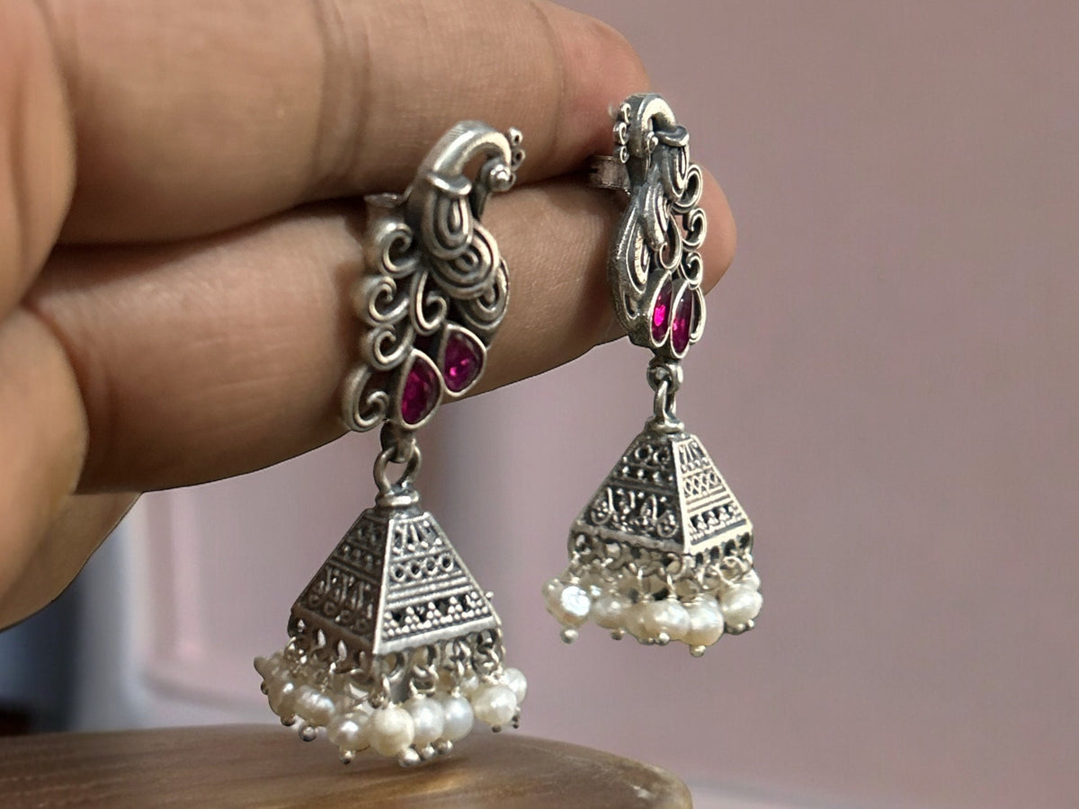 Beautiful Peacock Design Jhumka Earring, 925 Solid Sterling Jhumki, Jhumka Set, Indian Pure Silver Jhumki Earring, Gift for her, Rajasthan