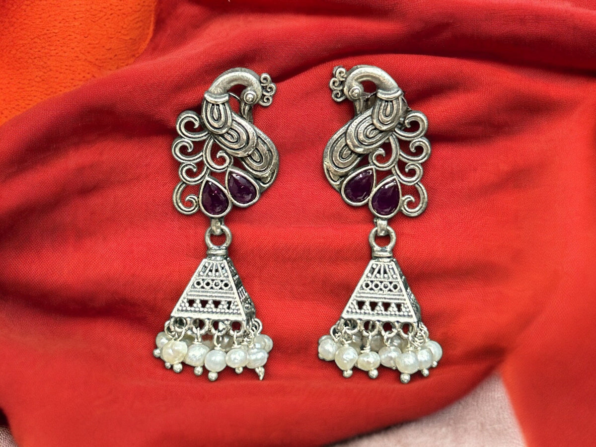 Beautiful Peacock Design Jhumka Earring, 925 Solid Sterling Jhumki, Jhumka Set, Indian Pure Silver Jhumki Earring, Gift for her, Rajasthan