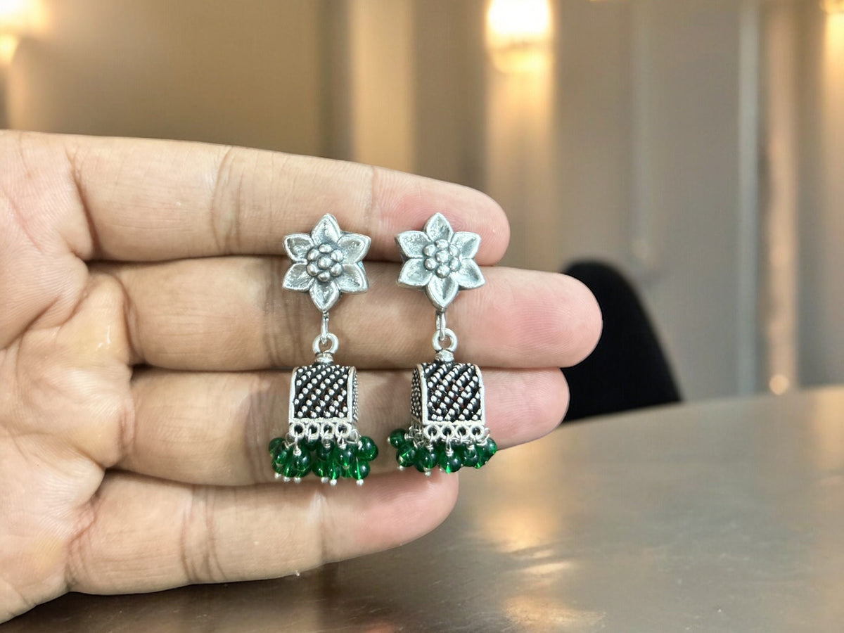 Handmade 925 Sterling Silver Green Balls Small Jhumki Jhumka Earrings, Indian Jhumka Silver Oxidized Earrings, Indian traditional Earrings
