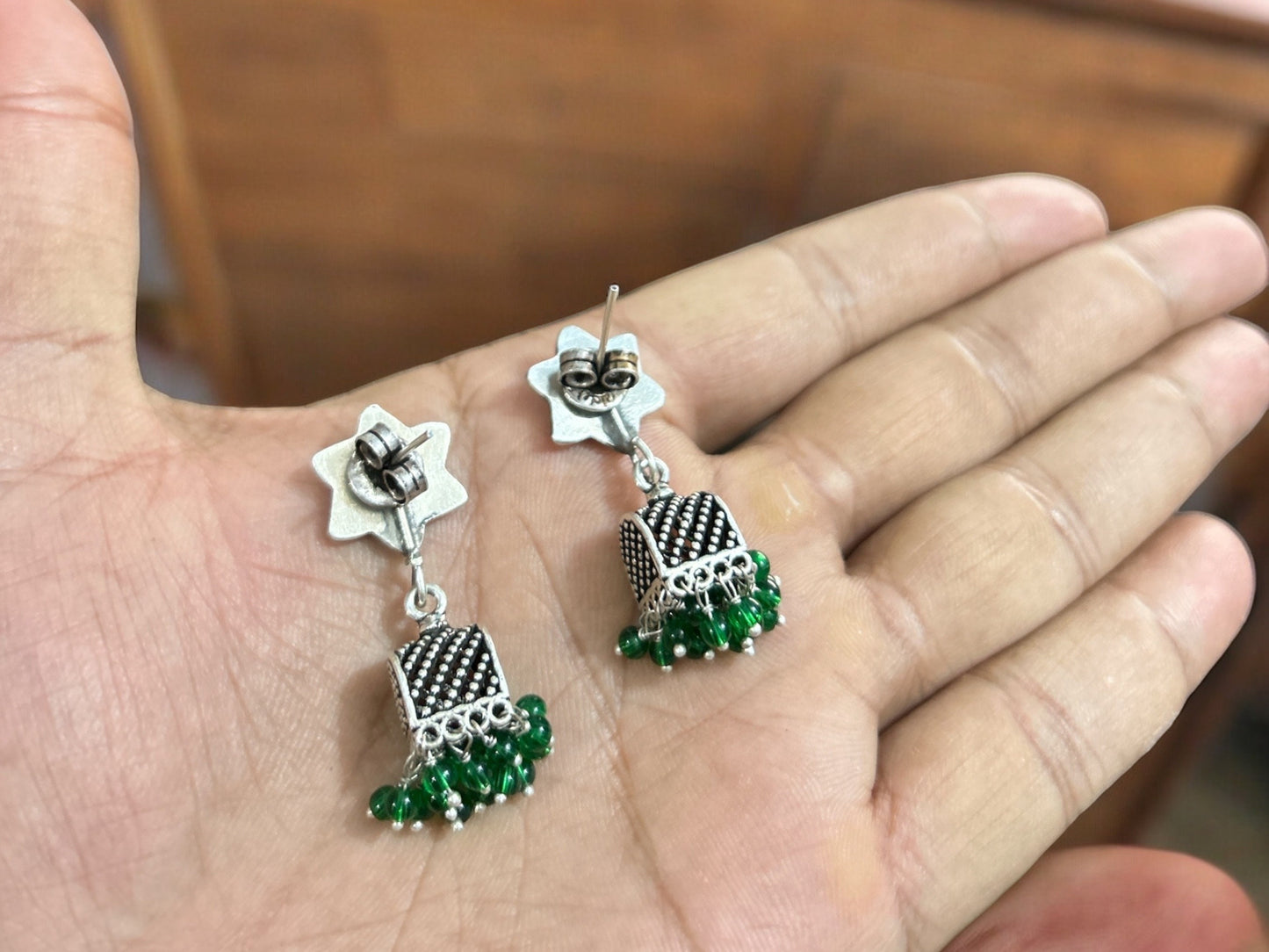 Handmade 925 Sterling Silver Green Balls Small Jhumki Jhumka Earrings, Indian Jhumka Silver Oxidized Earrings, Indian traditional Earrings