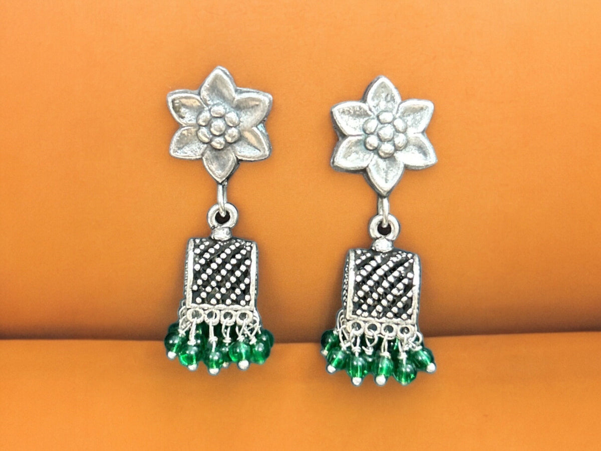 Handmade 925 Sterling Silver Green Balls Small Jhumki Jhumka Earrings, Indian Jhumka Silver Oxidized Earrings, Indian traditional Earrings