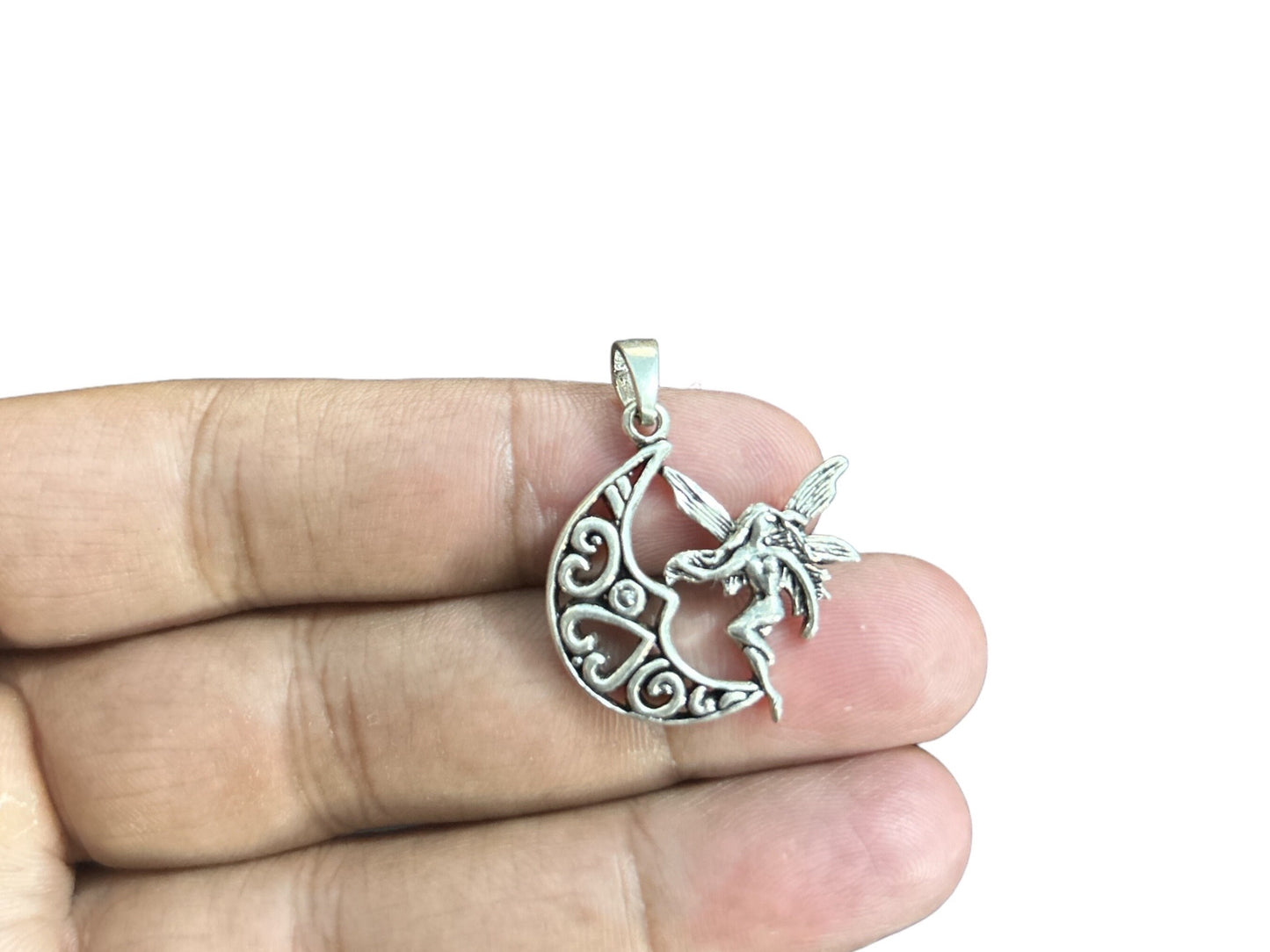 925 Sterling Silver Fairy on Crescent Moon Pendant Necklace, Handmade Celestial Jewelry, Magical Gift Charm
