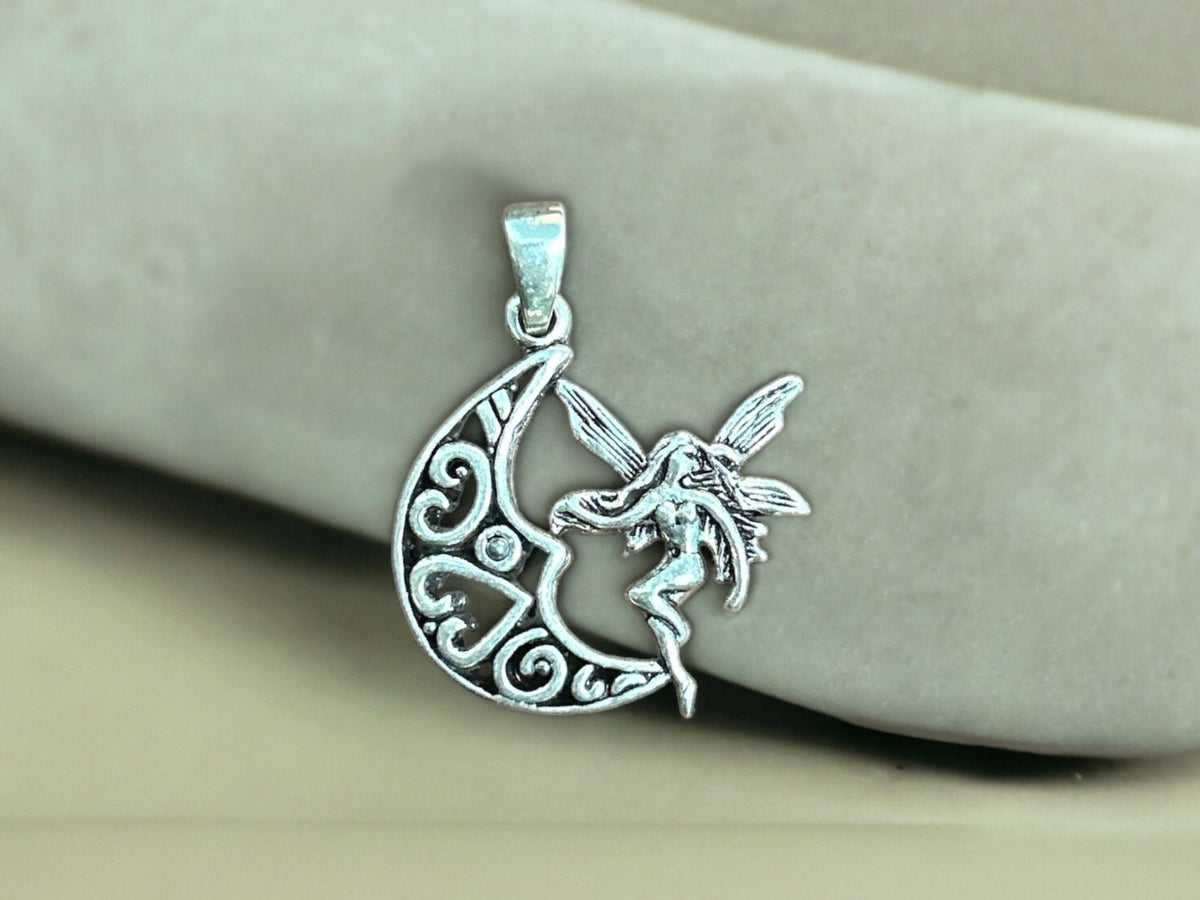 925 Sterling Silver Fairy on Crescent Moon Pendant Necklace, Handmade Celestial Jewelry, Magical Gift Charm