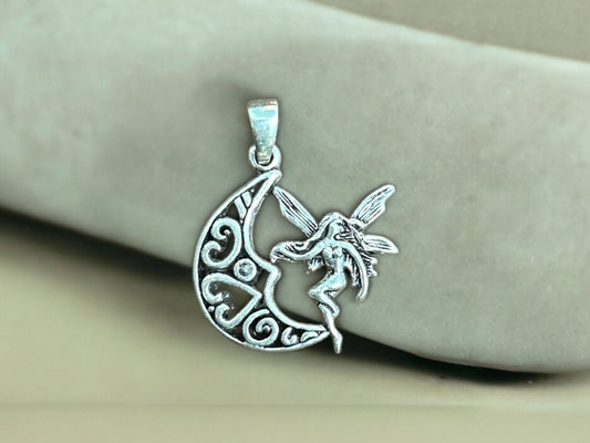 925 Sterling Silver Fairy on Crescent Moon Pendant • Handmade Celestial Jewelry • Magical Fairy Moon Charm • Fantasy Gift for Women
