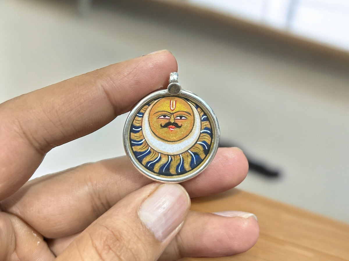 925 Sterling Silver Sun/Surya Pendant Necklace, Hand-Painted Glass Framed Solar Art Jewelry, Celestial Sun Charm Gift