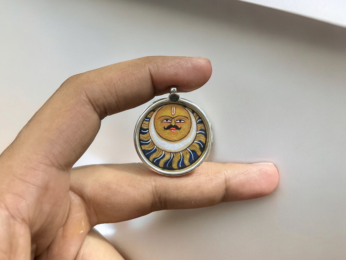925 Sterling Silver Sun/Surya Pendant Necklace, Hand-Painted Glass Framed Solar Art Jewelry, Celestial Sun Charm Gift