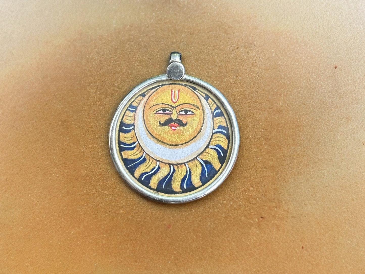 925 Sterling Silver Sun/Surya Pendant Necklace, Hand-Painted Glass Framed Solar Art Jewelry, Celestial Sun Charm Gift