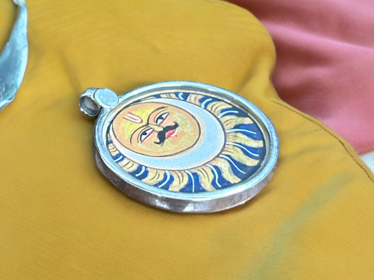 925 Sterling Silver Sun/Surya Pendant Necklace, Hand-Painted Glass Framed Solar Art Jewelry, Celestial Sun Charm Gift