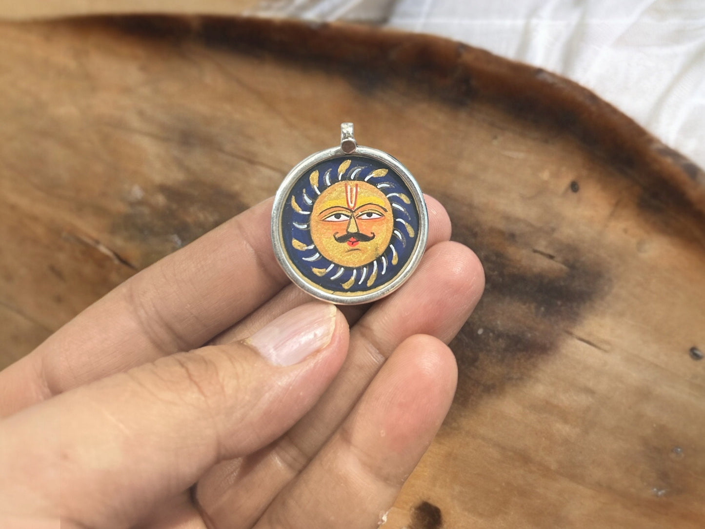 925 Sterling Silver Sun/Surya Pendant Necklace, Hand-Painted Glass Art Jewelry, Solar Spiritual Charm Gift