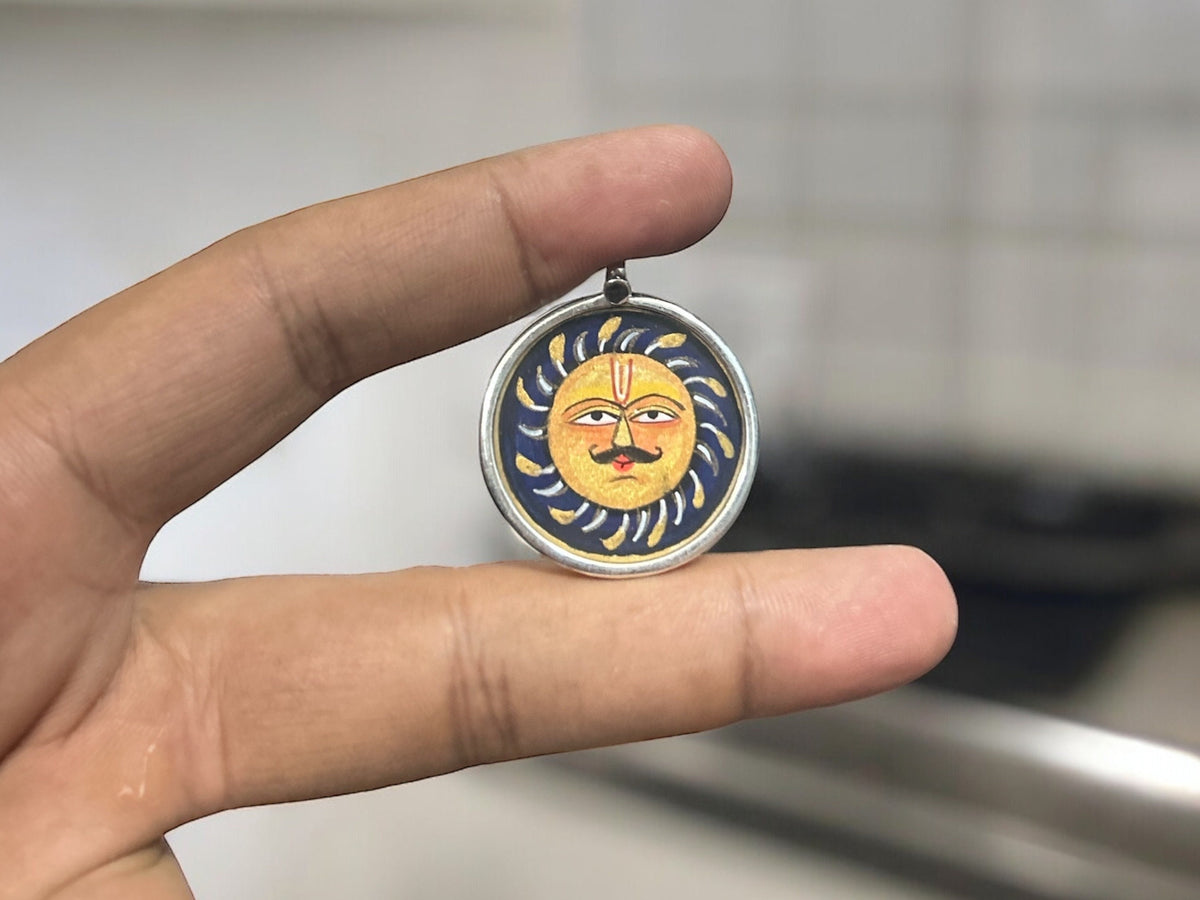925 Sterling Silver Sun/Surya Pendant Necklace, Hand-Painted Glass Art Jewelry, Solar Spiritual Charm Gift