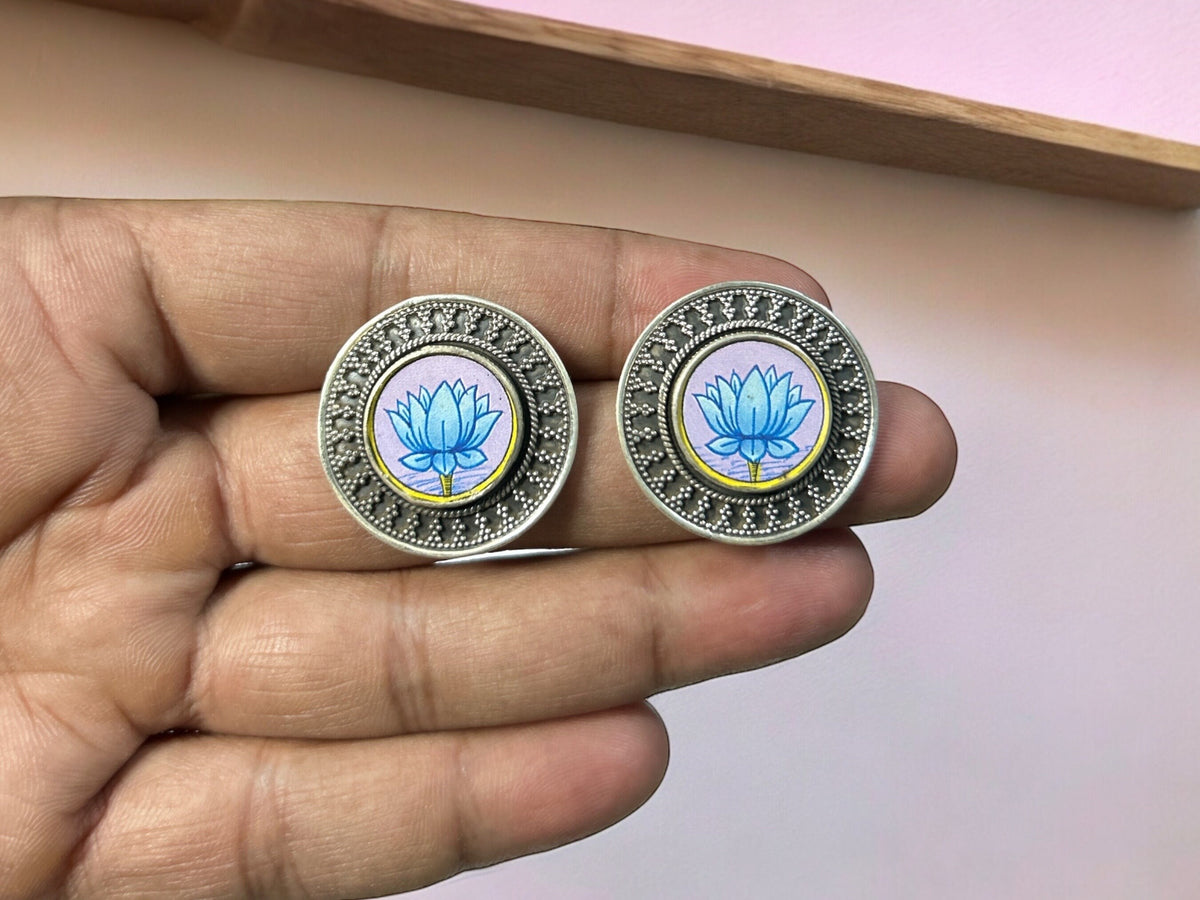 925 Sterling Silver Lotus Earrings, Handpainted Antique Flower, Spiritual Yoga Jewelry
