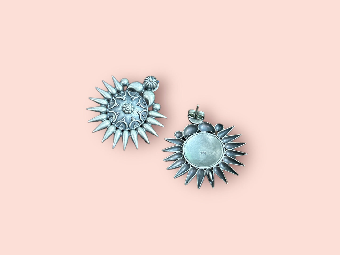 Sun Stud Earrings, Solid 925 Sterling Silver, Vintage Oxidized Style, Push Back Closure