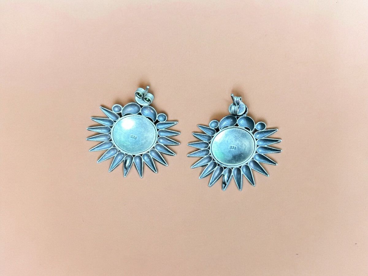 Sun Stud Earrings, Solid 925 Sterling Silver, Vintage Oxidized Style, Push Back Closure