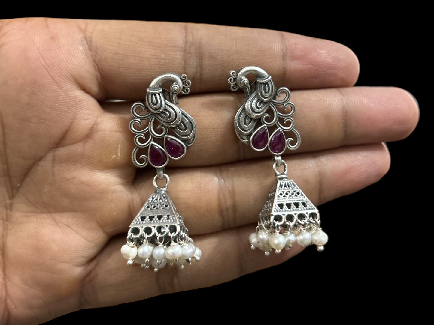 Beautiful Peacock Design Jhumka Earring, 925 Solid Sterling Jhumki, Jhumka Set, Indian Pure Silver Jhumki Earring, Gift for her, Rajasthan