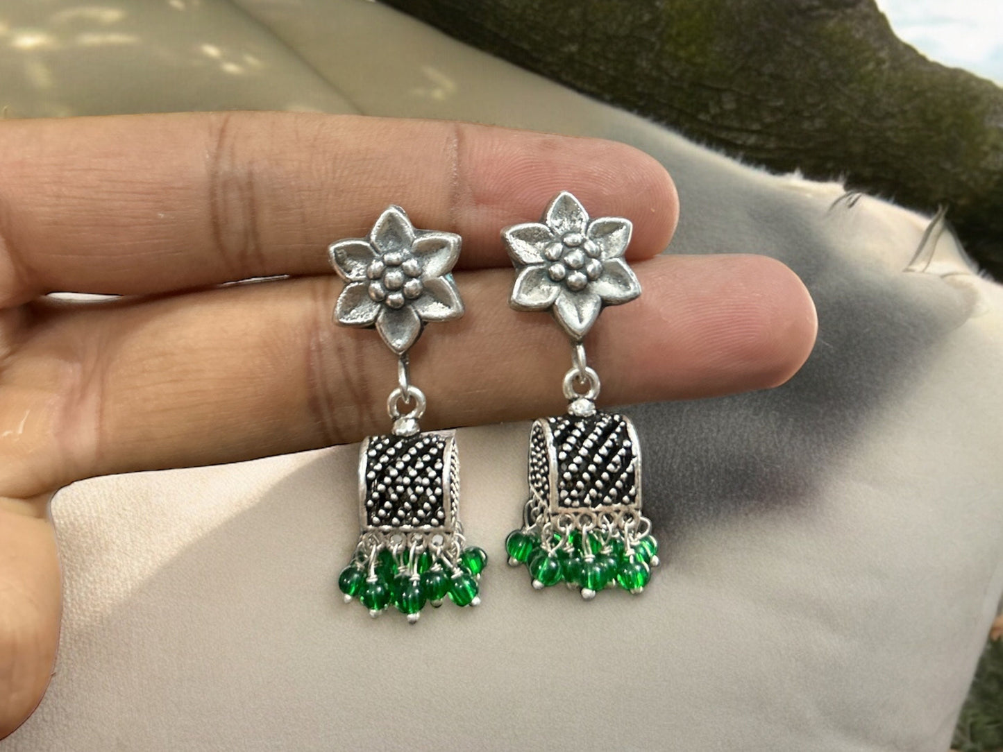 Handmade 925 Sterling Silver Green Balls Small Jhumki Jhumka Earrings, Indian Jhumka Silver Oxidized Earrings, Indian traditional Earrings
