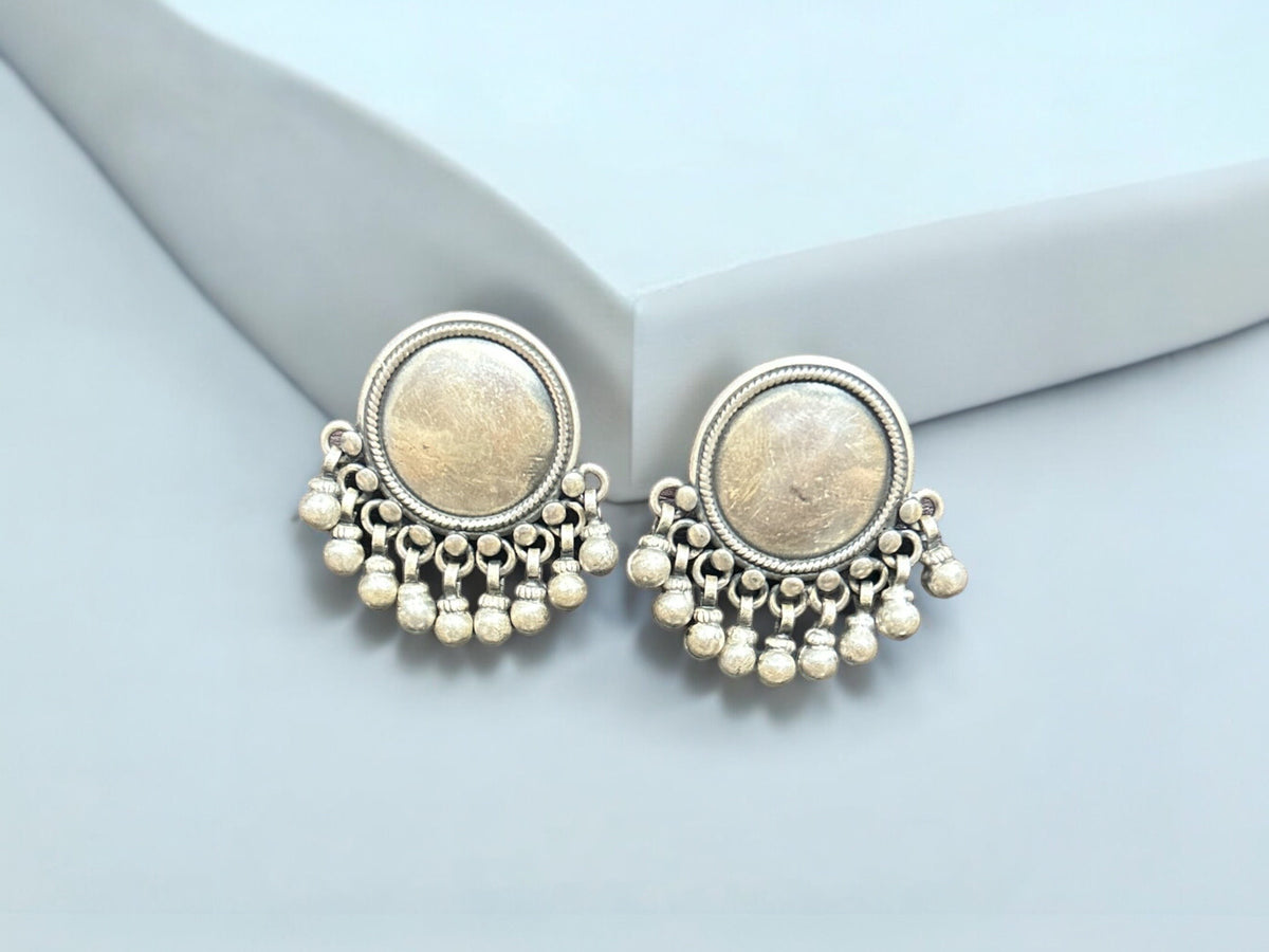 Antique Sterling Silver Handmade Stud Earrings with Hanging Silver Balls, Round Shaped Push Back Silver Studs. Tribal Ethnic Boho Style Stud