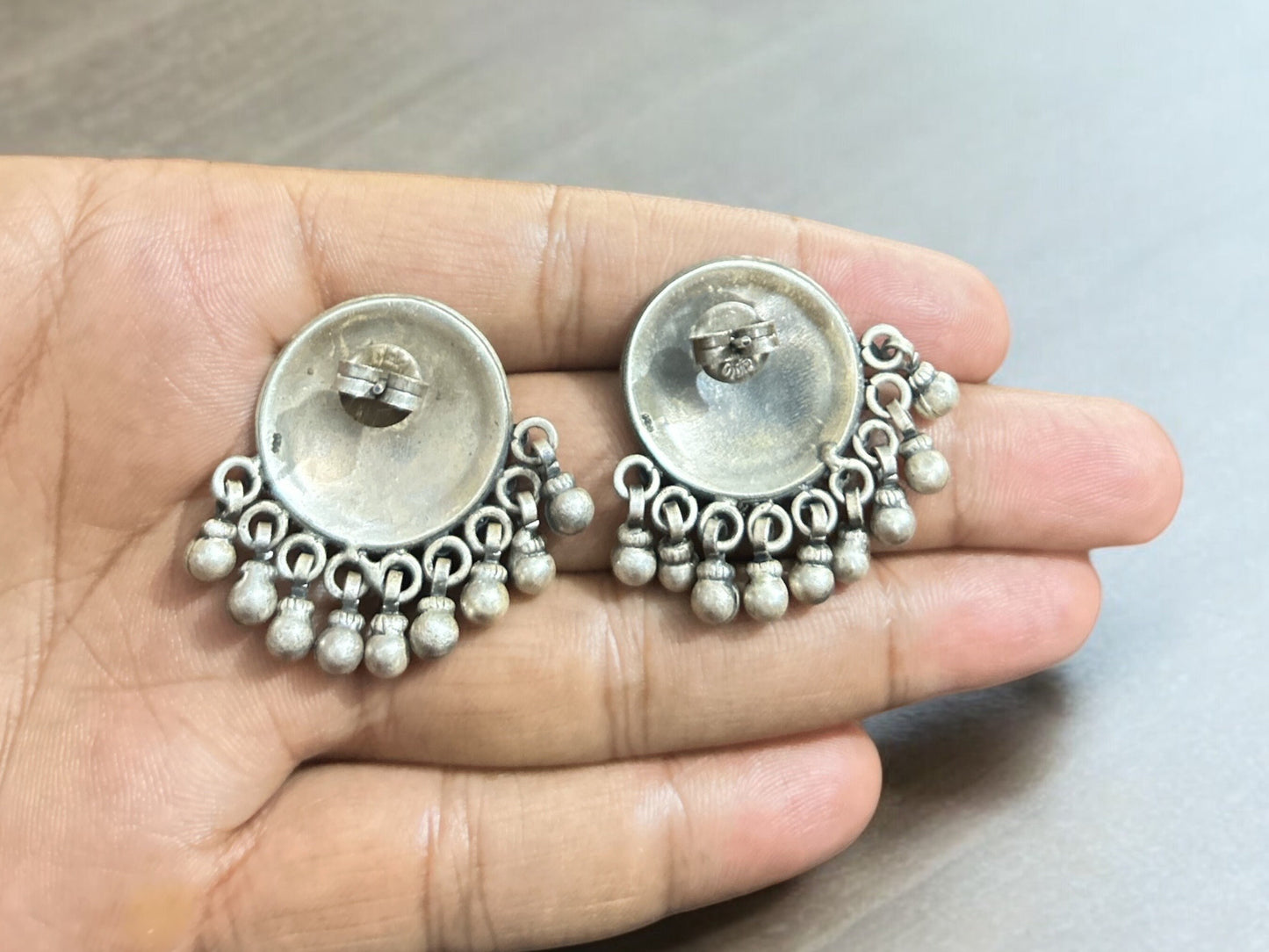 Antique Sterling Silver Handmade Stud Earrings with Hanging Silver Balls, Round Shaped Push Back Silver Studs. Tribal Ethnic Boho Style Stud