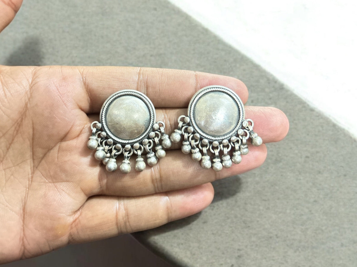 Antique Sterling Silver Handmade Stud Earrings with Hanging Silver Balls, Round Shaped Push Back Silver Studs. Tribal Ethnic Boho Style Stud