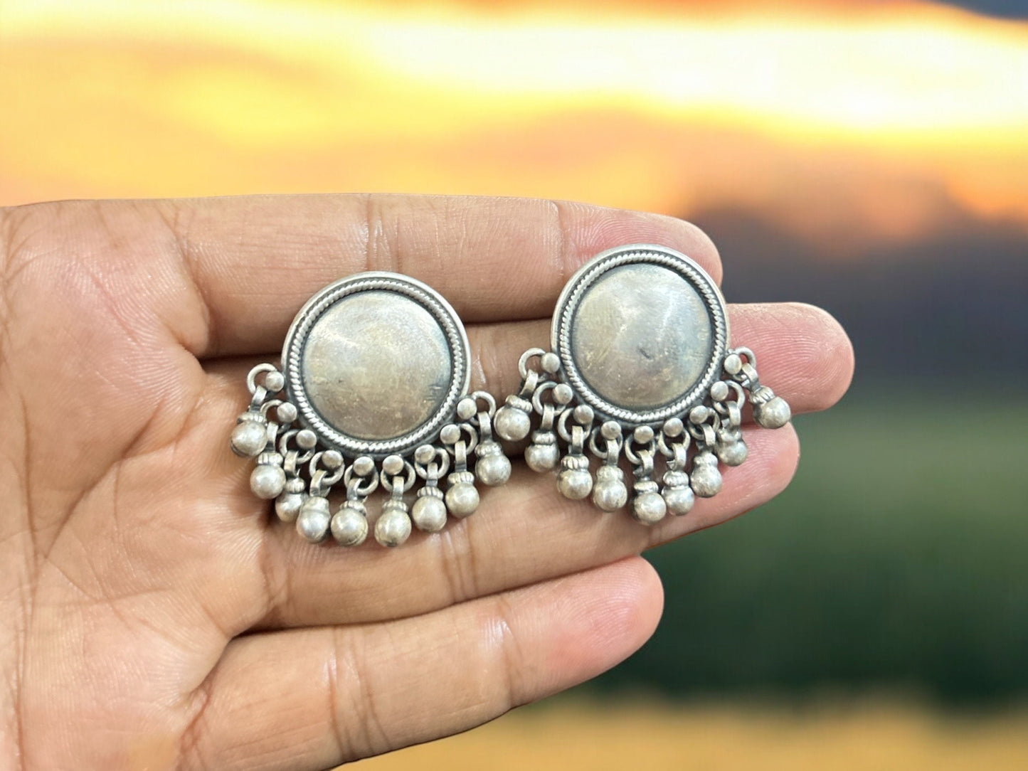 Antique Sterling Silver Handmade Stud Earrings with Hanging Silver Balls, Round Shaped Push Back Silver Studs. Tribal Ethnic Boho Style Stud