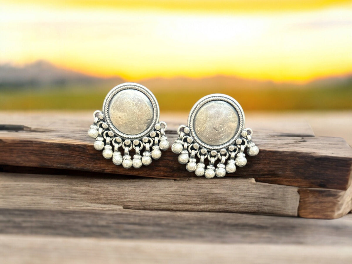 Antique Sterling Silver Handmade Stud Earrings with Hanging Silver Balls, Round Shaped Push Back Silver Studs. Tribal Ethnic Boho Style Stud