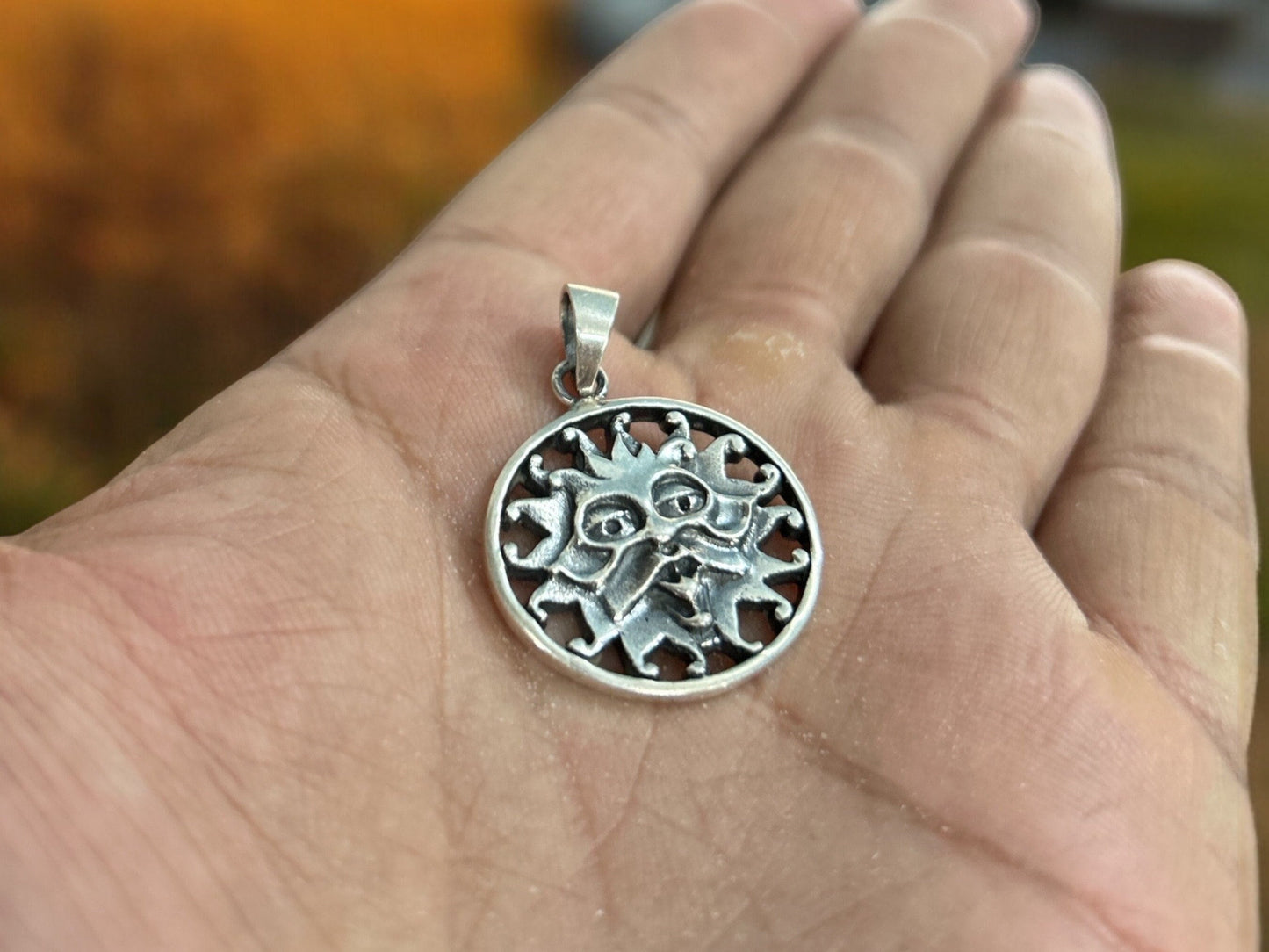Handmade 925 Sterling Silver Sun Face Pendant Necklace